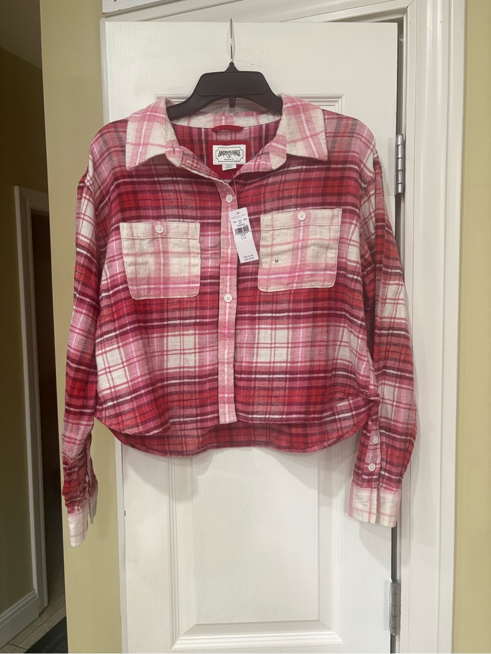 American Eagle Outfitters Pink and Red Plaid Cropped Flannel